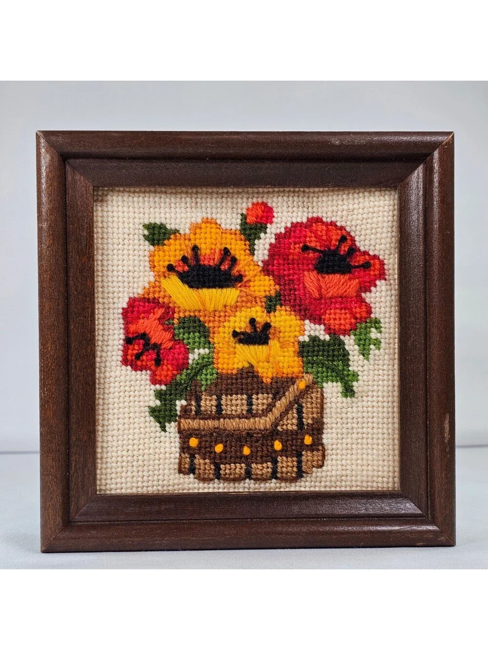Vintage Needlepoint Floral Basket Framed Wall Art Wood Square Cottagecore 5.5in